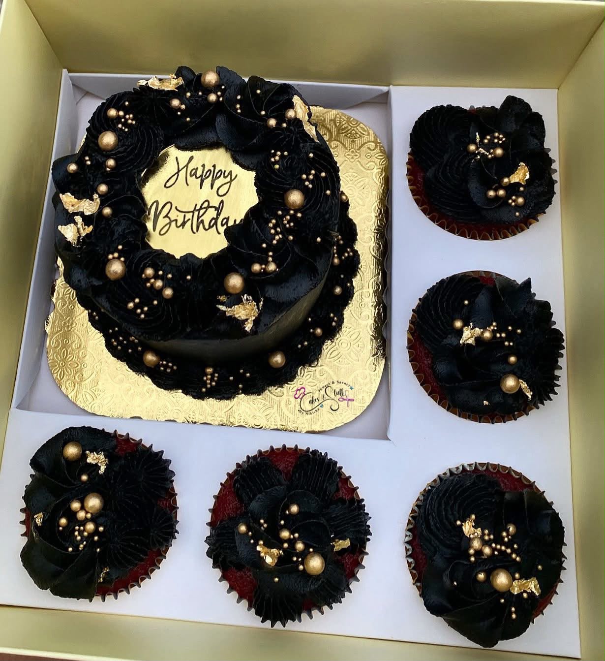 Pretty in Black and Gold Bento Box for Her with 5 cupcakes
