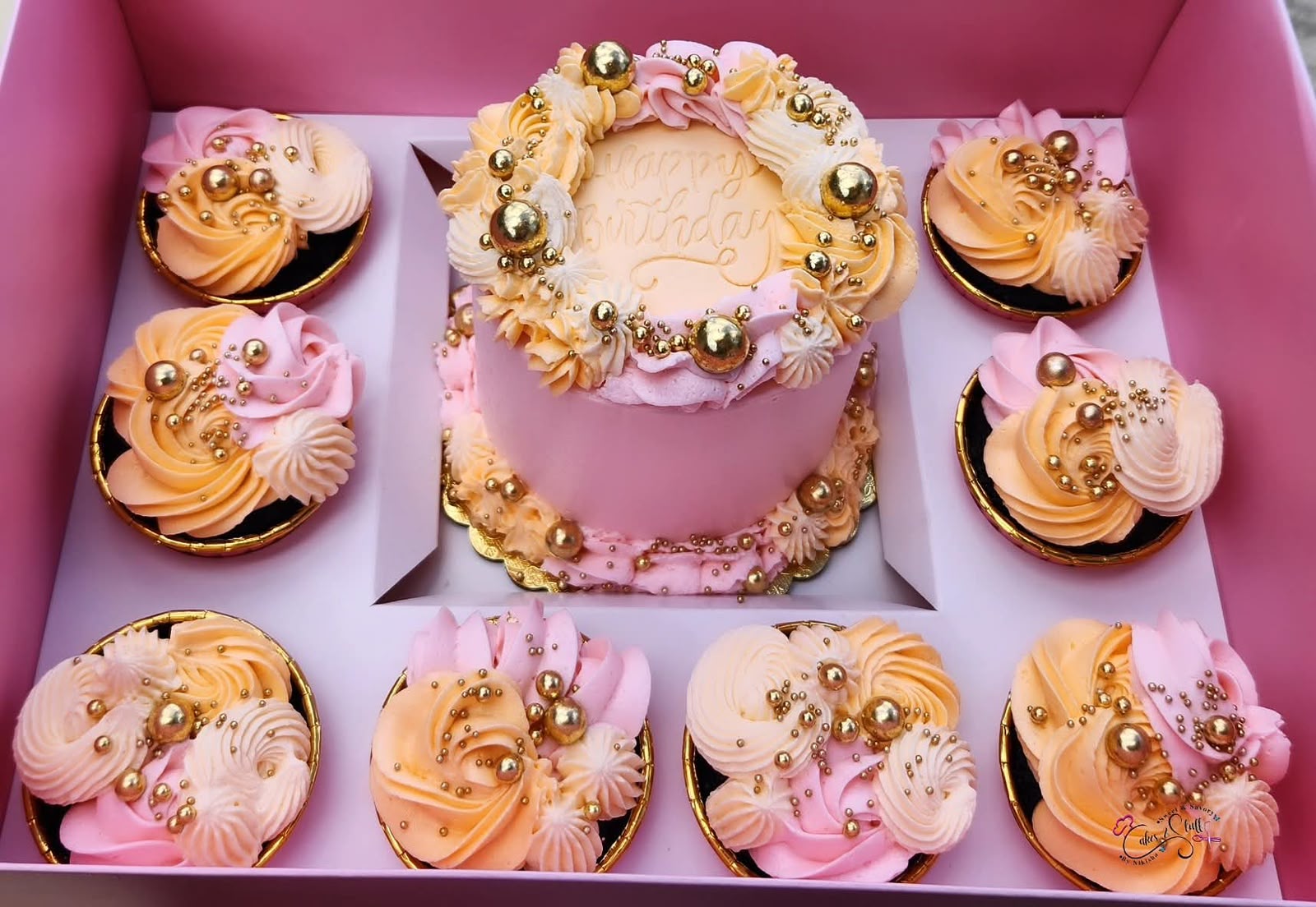 Gold and Pastel Colored Bento Box with 8 cupcakes