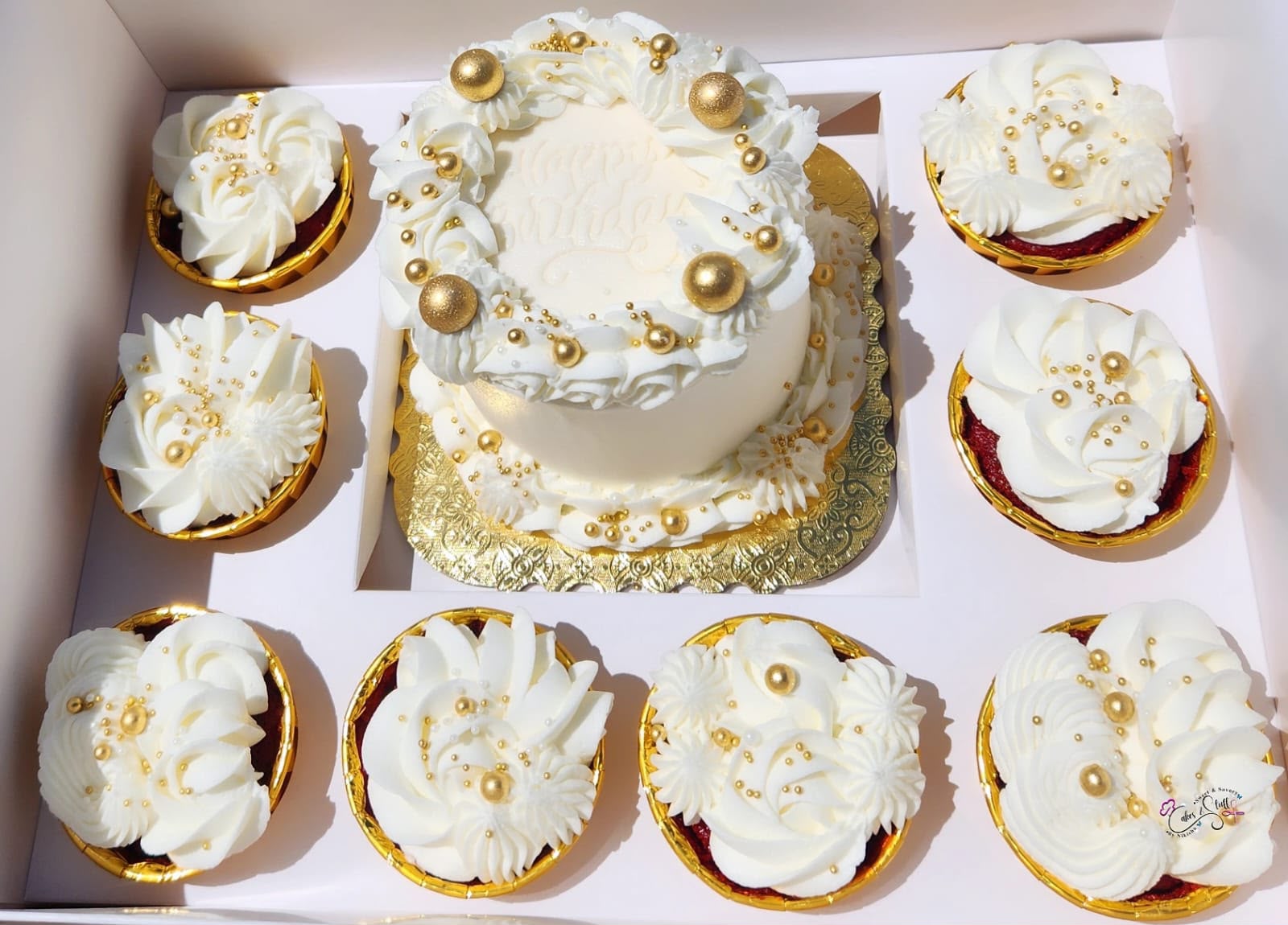 Pretty in White and Gold Bento Box with 8 cupcakes