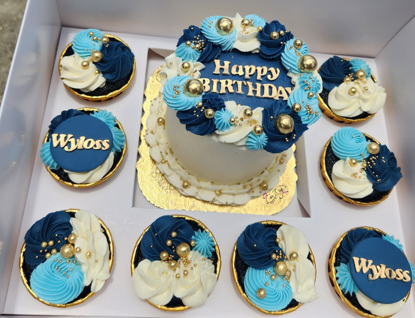 Blue, White and Gold Bento Box for Him with 8 cupcakes