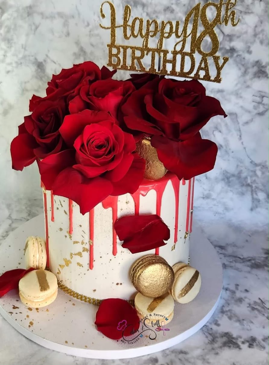 Drip Cake with Fresh Roses and Salted Caramel Macarons