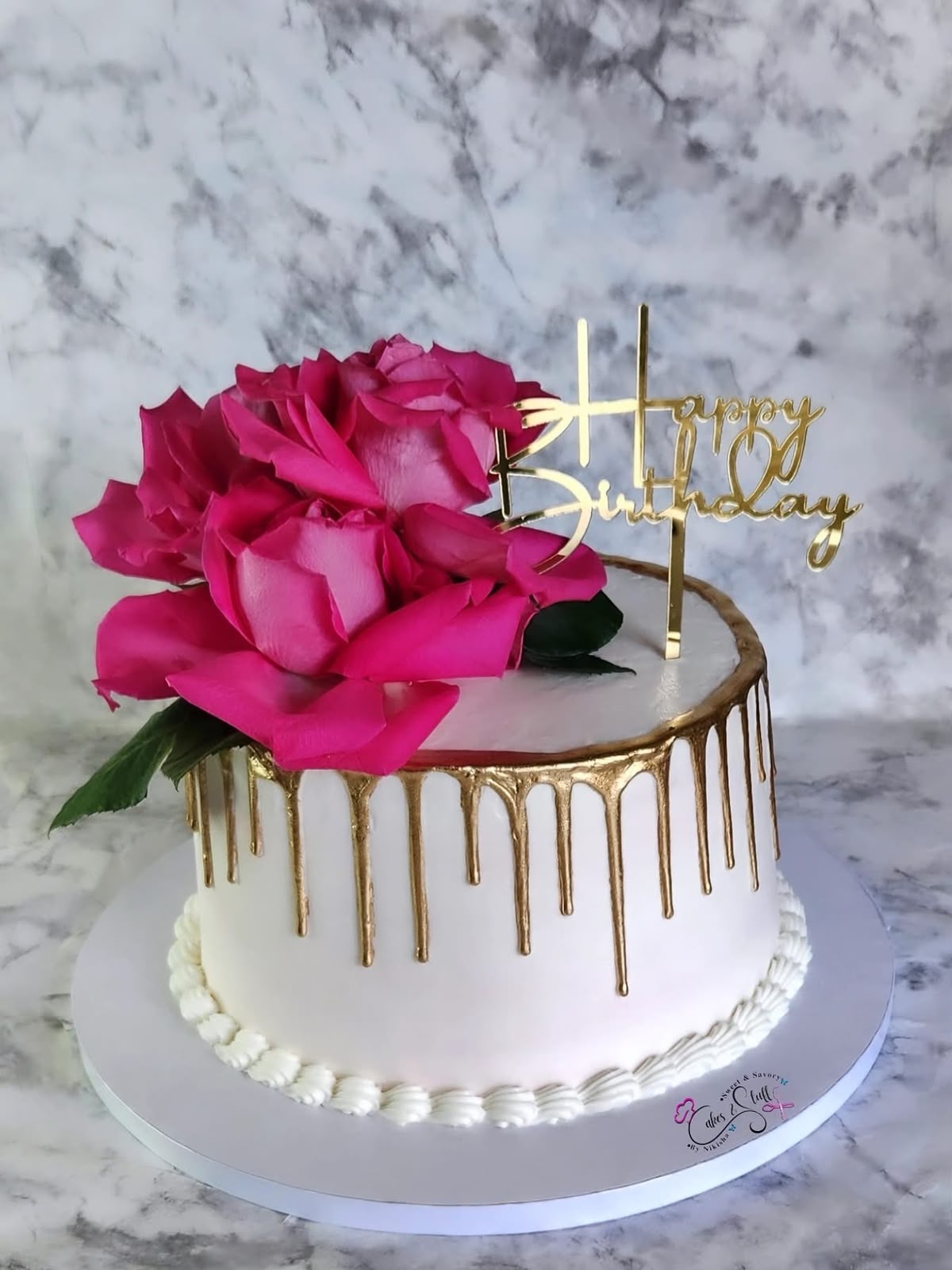 Gold Drip Cake with Fresh Roses